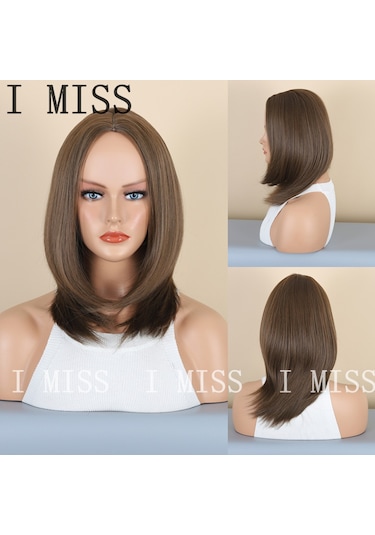 Ortadan Ayrılmış Kahverengi Doğal Sentetik Omuz Hizasında Peruk