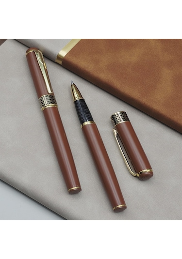 Taba Rengi Gold Detaylı Termo Deri Defter Ve Metal Roller Kalem H