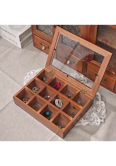 Gajeena Taşınabilir 12 Bölmeli Ahşap Takı Kutusu, Şeffaf Kapaklı Mücevher Organizatörü Kahverengi