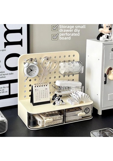 Konesam Masa Üstü Delikli Tahta Çekmeceli Saklama Kutusu - Deliksiz Kurulum, Çok Amaçlı Organize, Sağlam Malzeme Beyaz