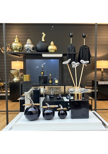 Dekoratif Kristal 7 Parça Set Üçlü Elma Ve Koku Şişesi Siyah Gold 01