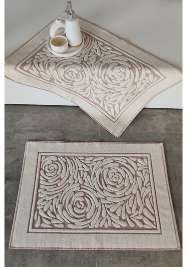 2'li Ayak Havlusu Seti - Zemini Renkli & Üç Boyutlu - %100 Pamuk - Yüksek Su Emici-gül Kurusu Gulkurusu Gül Kurusu