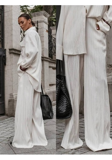 Oversize Çizgili Takım Krem Krem