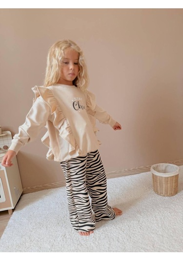 Kız Çocuk Stay Chic Fırfırlı Sweatshirt Ve Zebra Desenli Pantolon Takım 5004 Vizon