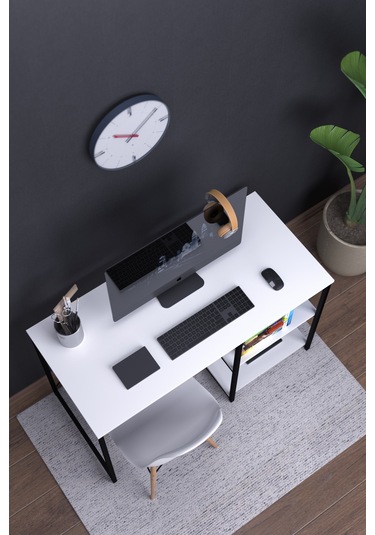Atlas 120 Cm Raflı Çalışma Masası Bilgisayar Masası Ofis Ders Masası Beyaz
