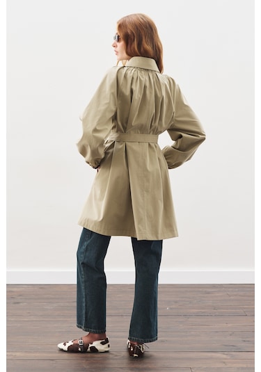 Oversıze Bağlamalı Midi Trençkot Haki Haki
