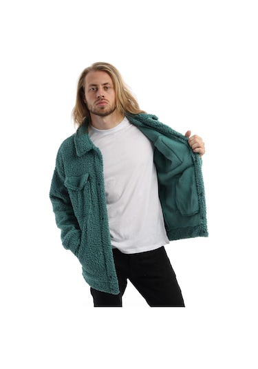 Erkek Kıvırcık Peluş Cıt Cıt Kapamalı Oversizeceket Petrol