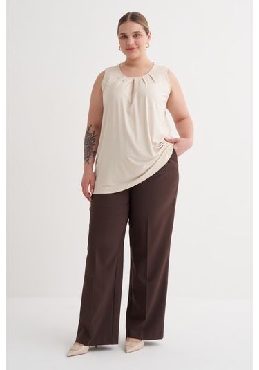 Pile Detaylı Örme Bluz-6237 Krem