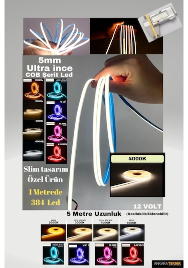 Ultra Ince 5mm. Kalınlık Cob Şerit Led 4000k Neon Gibi Yanar.