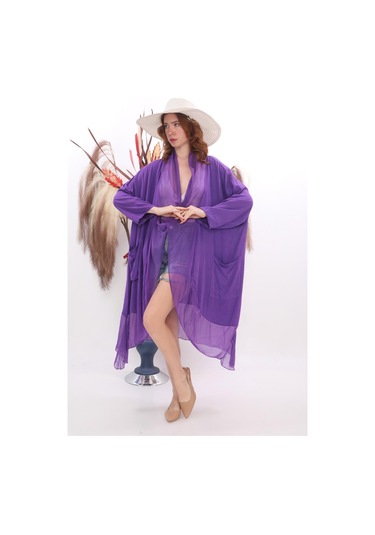 Italyan Ipek Detaylı Oversize Kaftan & Bluz-8711 Mor