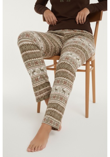 Luxury Thermal Season Geyik Desenli Kadın Polar Kışlık Pijama Takımı 42059 Kahverengi