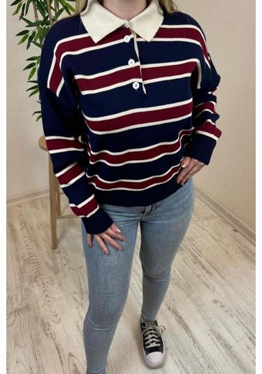 Kadın Lacivert - Bordo Polo Yaka Çizgili Oversize Triko Kazak Lacivert