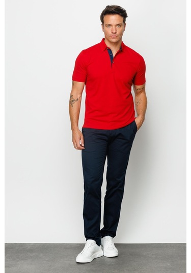 Erkek Polo Yaka Düğmeli Cepli T-shirt Kırmızı Kirmizi