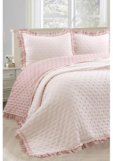 Lamina Fırfırlı Elyaf Dolgulu Çift Kişilik 240x260 Cm Yatak Örtüsü Pudra Pudra