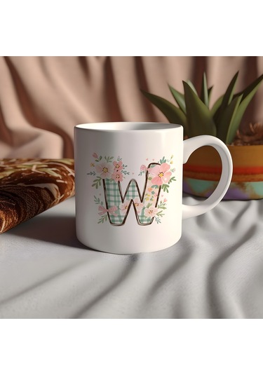 W Harfli Çiçek Desenli Kupa Bardak - Ekose Desenli Yeşil Pembe Desenli Tasarım - Kişiye Özel Hediye Beyaz