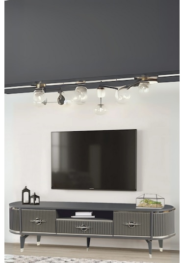 Duru Tv Sehpası Antrasit Gümüş 2 Kapaklı 1 Çekmeceli Oval Formlu Sehpa 180x40x53 Cm