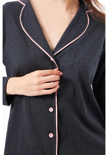 Antrasit Önden Düğmeli Pamuklu Kadın Pijama Takımı Antrasit