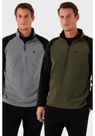 Buratti Slim Fit Yarım Fermuarlı Kışlık Şardonlu 2'Li Paket Erkek Polar 5906055S2 Gri-Haki