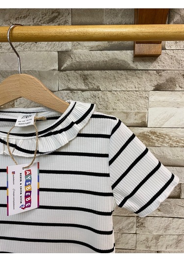 Aysbebe Fırfır Yaka Çizgi Desenli Yazlık Kız Çocuk Tişört Krem 1561