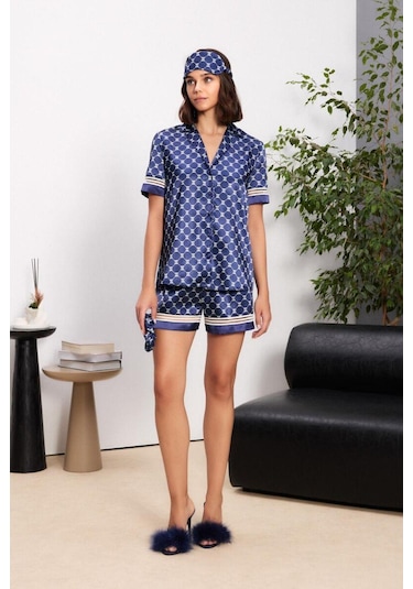 Pierre Cardin 1325 Kadın Saten Biyeli Kısa Kol Şort Pijama Takımı lacivert