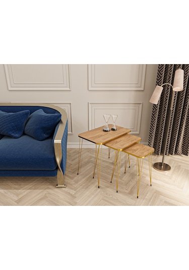 Zigon Sehpa 3'lü Dikdörtgen Gold Tel Ayaklı Ceviz