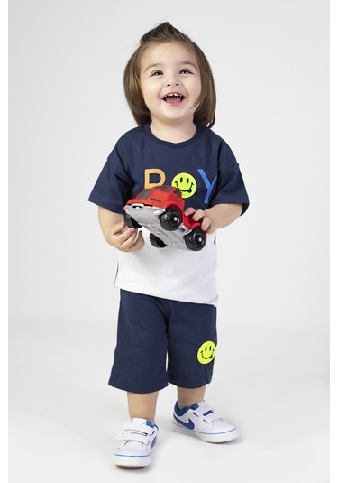 Erkek Bebek Şortlu Kısa Kollu Boys Desen Baskılı Yazlık Basic Alt-üst Takım 6-24 Ay Lacivert