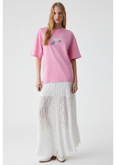 CAITLYN Kadın Oversize Bisiklet Yaka Pembe T-Shirt