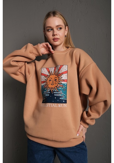 Kadın Gri Güneş Baskılı Oversize Sweatshirt Tw-Gnsswt Gri