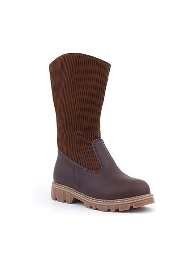 Rakerplus Hakiki Deri Taba Kahve Fermuarlı Uzun Kız Çocuk Çizme Taba