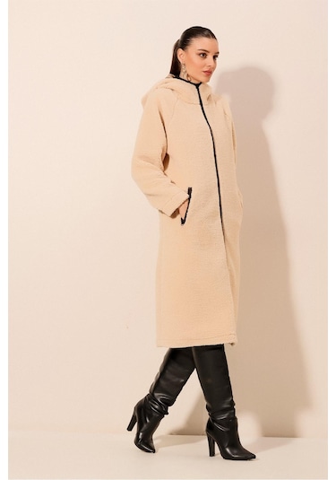 Bigdart9132 Kapüşonlu Peluş Kaban - Krem 001
