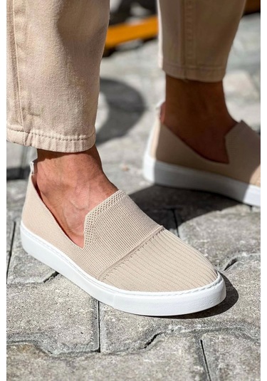Bej Triko Yüksek Taban Bağcıksız Günlük Erkek Ayakkabısı Bej