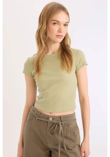 DeFacto Coool Fitted Fitilli Kaşkorse Basic Düz Kısa Kollu Tişört E0287AX25SMGN270 DeFacto Coool Fitted Fitilli Kaşkorse Basic Düz Kısa Kollu Tişört E0287AX25SMGN270