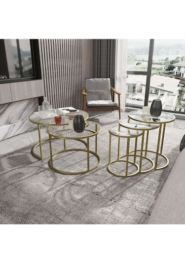 Dekoport Milas Mat Gold Orta Ve Zigon Sehpa Seti - Şeffaf Cam Gold