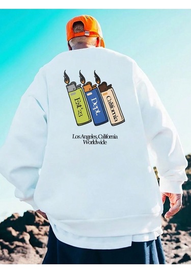 Beyaz Üç Çakmak Baskılı Oversize Kapuşonlu Kadın Sweatshirt Bsgüççakmaksweat Beyaz