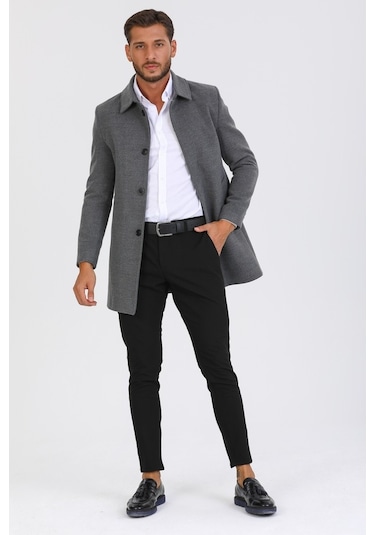 Erkek Gri Dar Kesim Yün Karışımlı Kaşe Gömlek Yaka Palto-Gri
