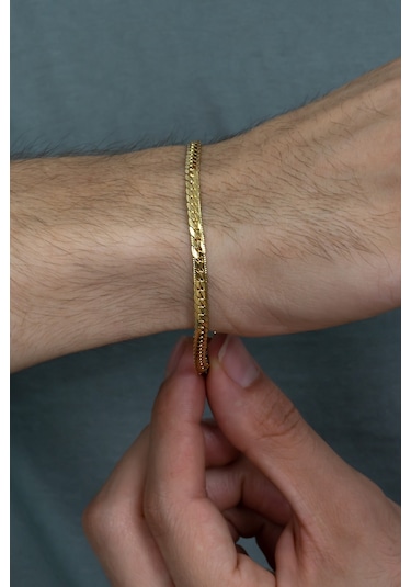Ezme Hasır Yassı Yılan Sarı Erkek Çelik Bileklik Künye Scb19 Altın