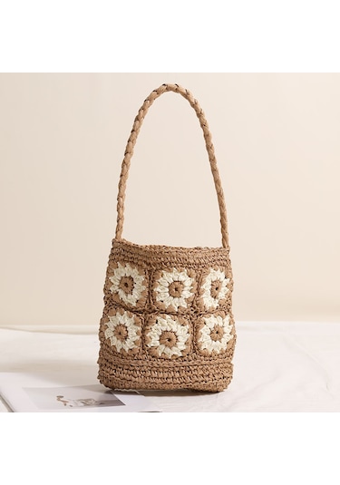 Cc Globall Papatya Çiçeği Omuz Hasır Çanta Yeni El Yapımı Dokuma Çanta Tatil Plaj Çantası Kadın Çantası Haki