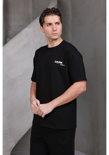 Erkek Baskılı Oversize Bisiklet Yaka 2 İki İplik Kompakt T-shirt Siyah