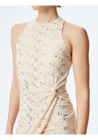 Koton Simli Halter Yaka Kolsuz Bodycon Mini Elbise Bej 5sak80041fk Ekru