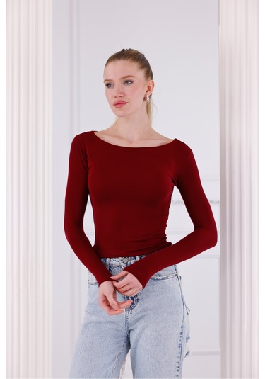 Qscob Buzzy Kumaş Uzun Kollu Kayık Yaka Bluz Bordo