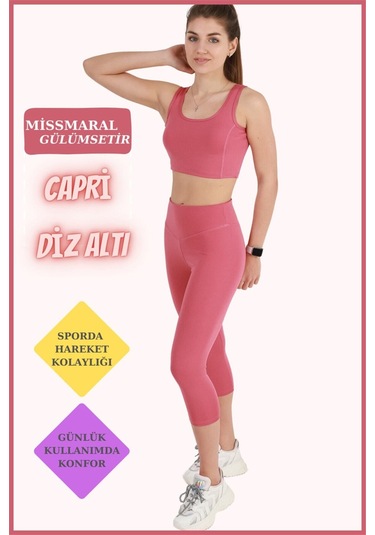 Diz Altı Kapri Tayt Gül Kurusu Yüksek Bel Toparlayıcı Dar Paça Karyoka Dikiş Detaylı Capri 1020 Gül Kurusu