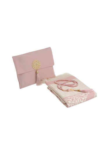 Şantuk Keseli Tafta Seccade Ve İnci Vavlı Tesbih Set , Taşınabilir Namaz Seti, Pudra