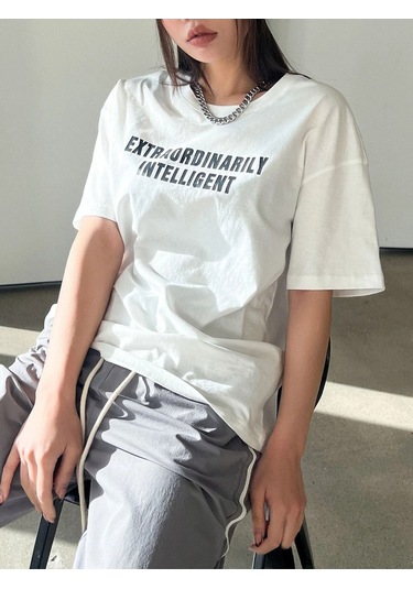 Kadın Beyaz Oversize Extraordinarily Baskılı Örme T-shirt Beyaz