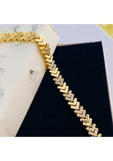 Kadın Bileklik V Model Bileklik Taşlı Vip Seri 14ayar Gold 19 Cm Gold