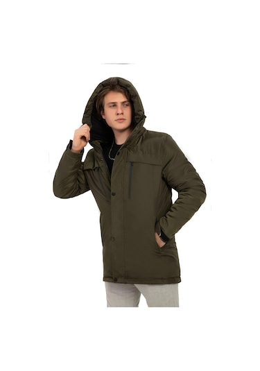 Erkek Polarlı Kürklü Su Ve Rüzgar Geçirmez Kapüşonlu Kışlık Mont & Kaban & Parka Haki