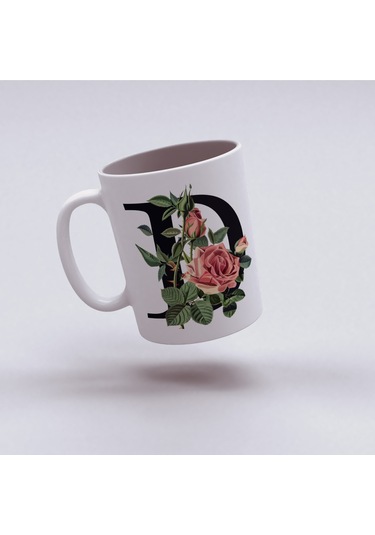 D Baş Harf Kırmızı Güller İle Sarılı Bardak 330 Ml Kişiye Özel Çiçekli Hediye Beyaz