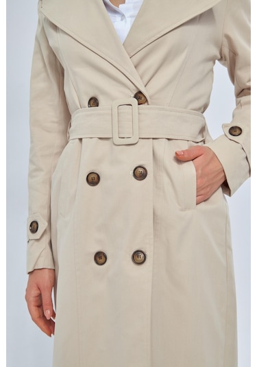 %100 Pamuk Ekstra Uzun 120cm Kruvaze Kadın Trençkot 1121 Taş Rengi Taş