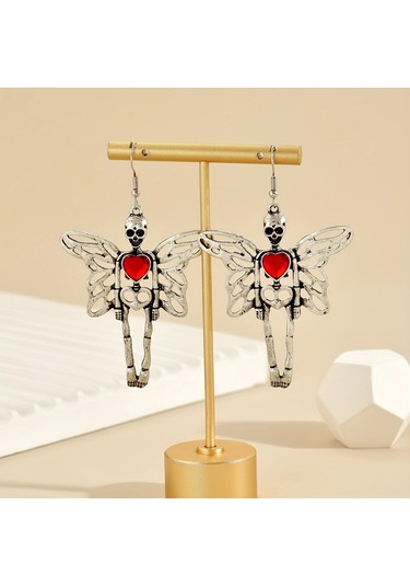 Dükkan Design Red Heart Butterfly Skeleton Küpe Gümüş - Gri
