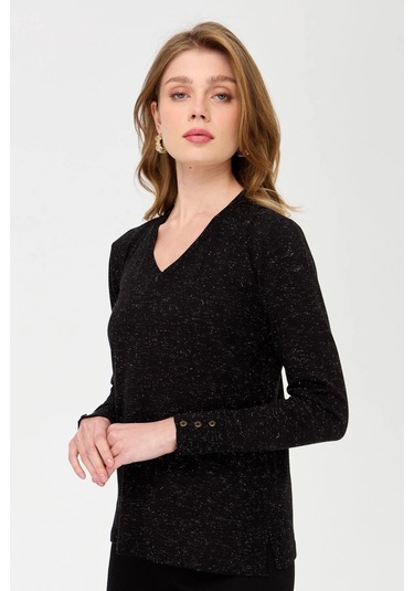 Desen Triko Kadın V Yaka Kolları Düğmeli Simli Bluz 23393 Siyah Siyah