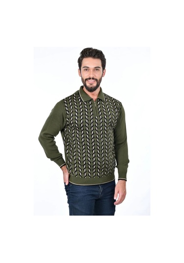 Kamalı Erkek Çelik Örgü Gömlek Yaka Fermuarlı Polo Yakalı Tüylenmez Triko Kışlık Baba Kazak Haki